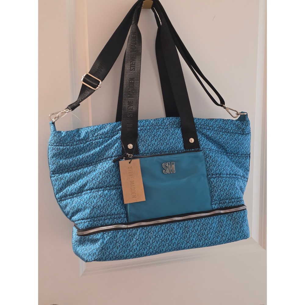 Steve Madden BVANESS BLUE TOTE Bag Nylon Logo Print Zip Pocket MSRP 108